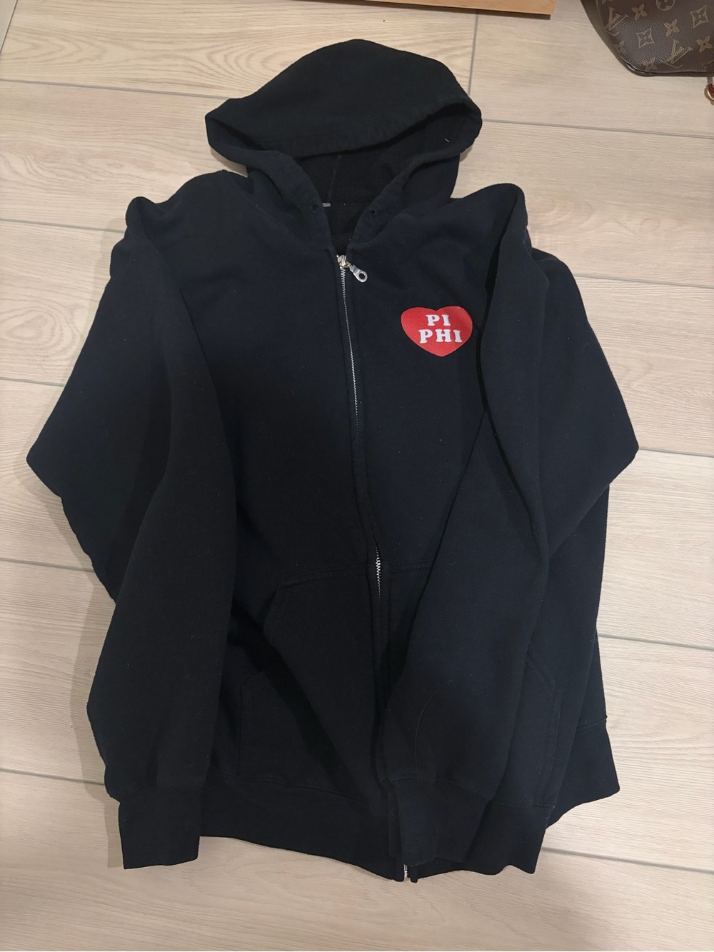 Pi Phi Black Zip Hoodie with Red Heart Patch